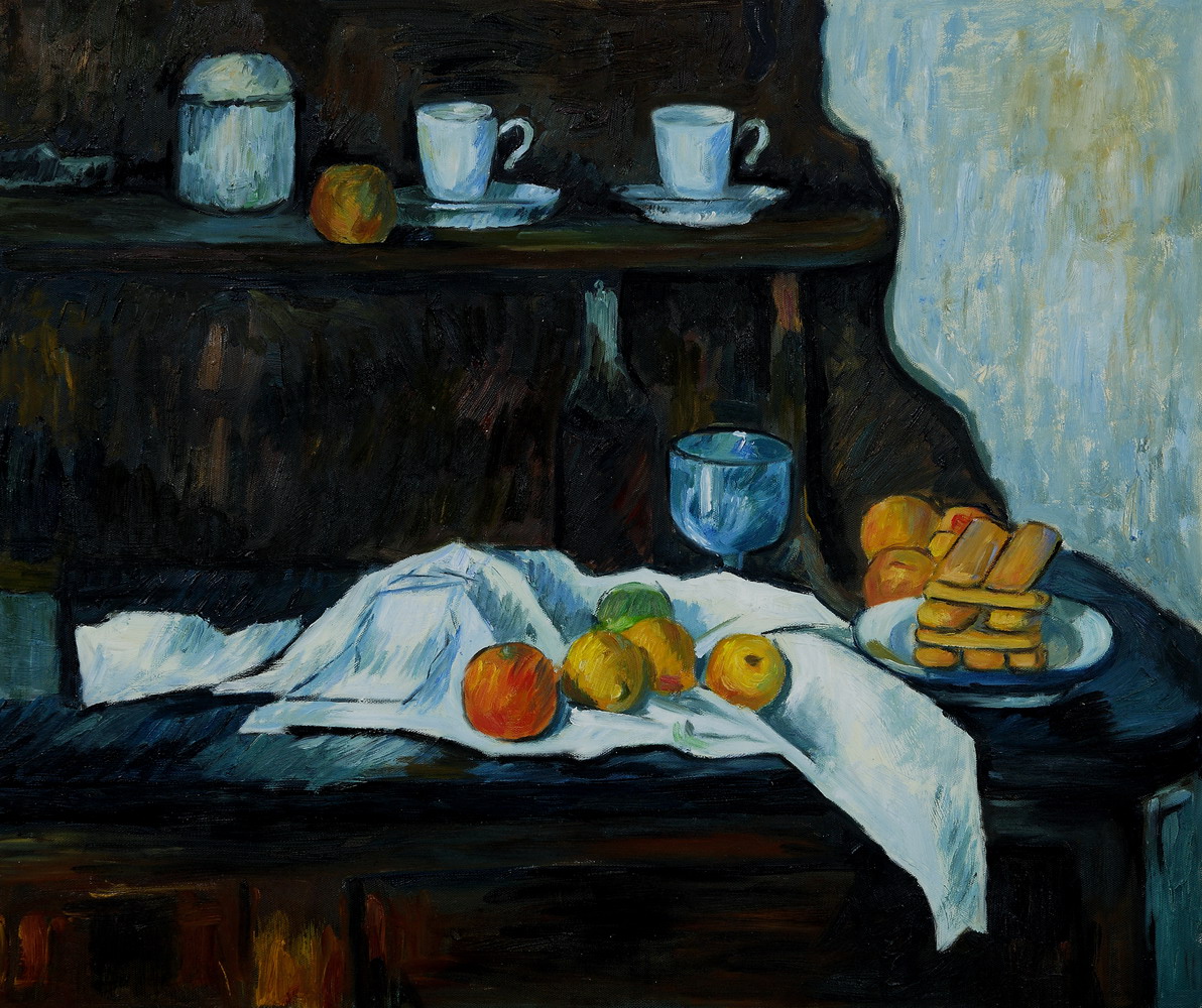 Receptacles, Fruit and Biscuits on a Sideboard by Paul Cezanne